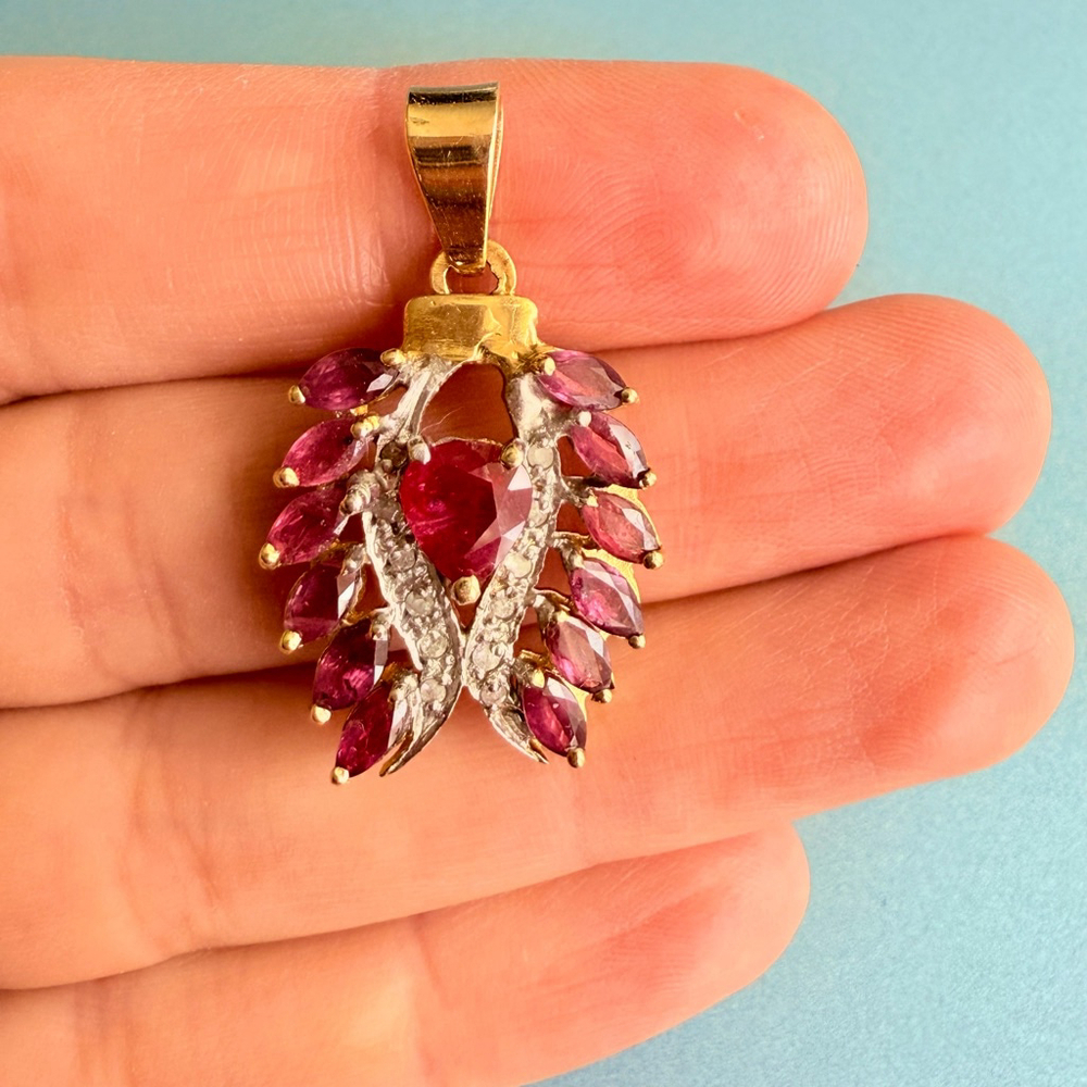 Estate 14K Gold 2.5 TCW Burmese Ruby Diamond Angel Wings Heart 1.25" Pendant - Picture 5 of 6